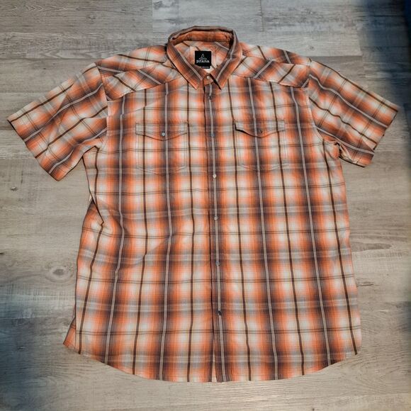 Prana Shirt Mens XXL Orange Brown Plaid Pearl Snap Organic Cotton Short Sleeve - Picture 1 of 12